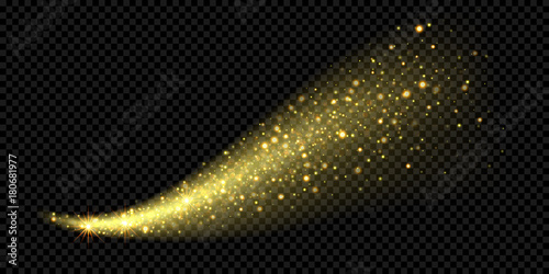 Christmas holiday golden glitter light wave background template of sparkling gold particles and shiny confetti effect. Vector glittering shimmer glare trail for New Year or Christmas luxury design