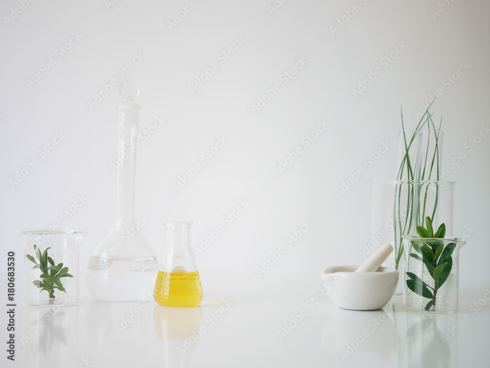 The bio laboratory glassware and blank cosmetic bottle container The bio laboratory glassware and blank cosmetic bottle container