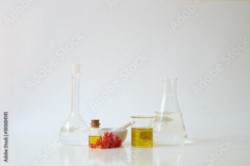  laboratory experiment and research with leaf, oil and ingredien