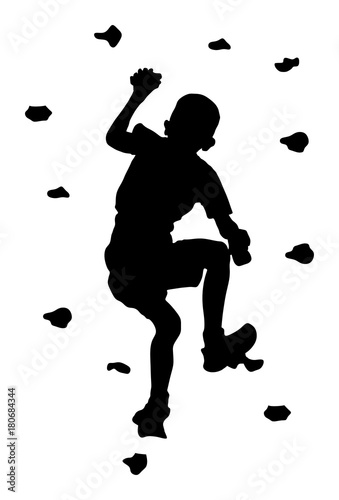 Extreme sportsman climb without roop. Boy climbing vector silhouette illustration  isolated on background. Sport weekend action in adventure park. Rock wall for fun. Tough and healthy discipline. 