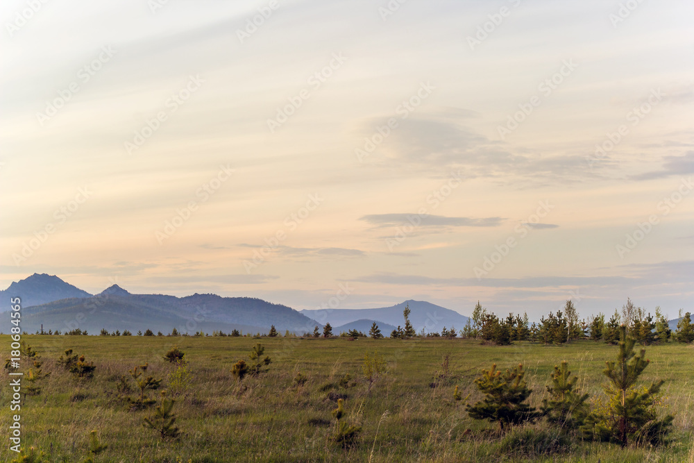 Landscape with the Ural mountains at sunset. Russia, Bashkortostan
