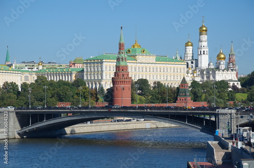 Autumn view of the Kremlin, Big Stone bridge and on the Moskva-river, Moscow, Russia 