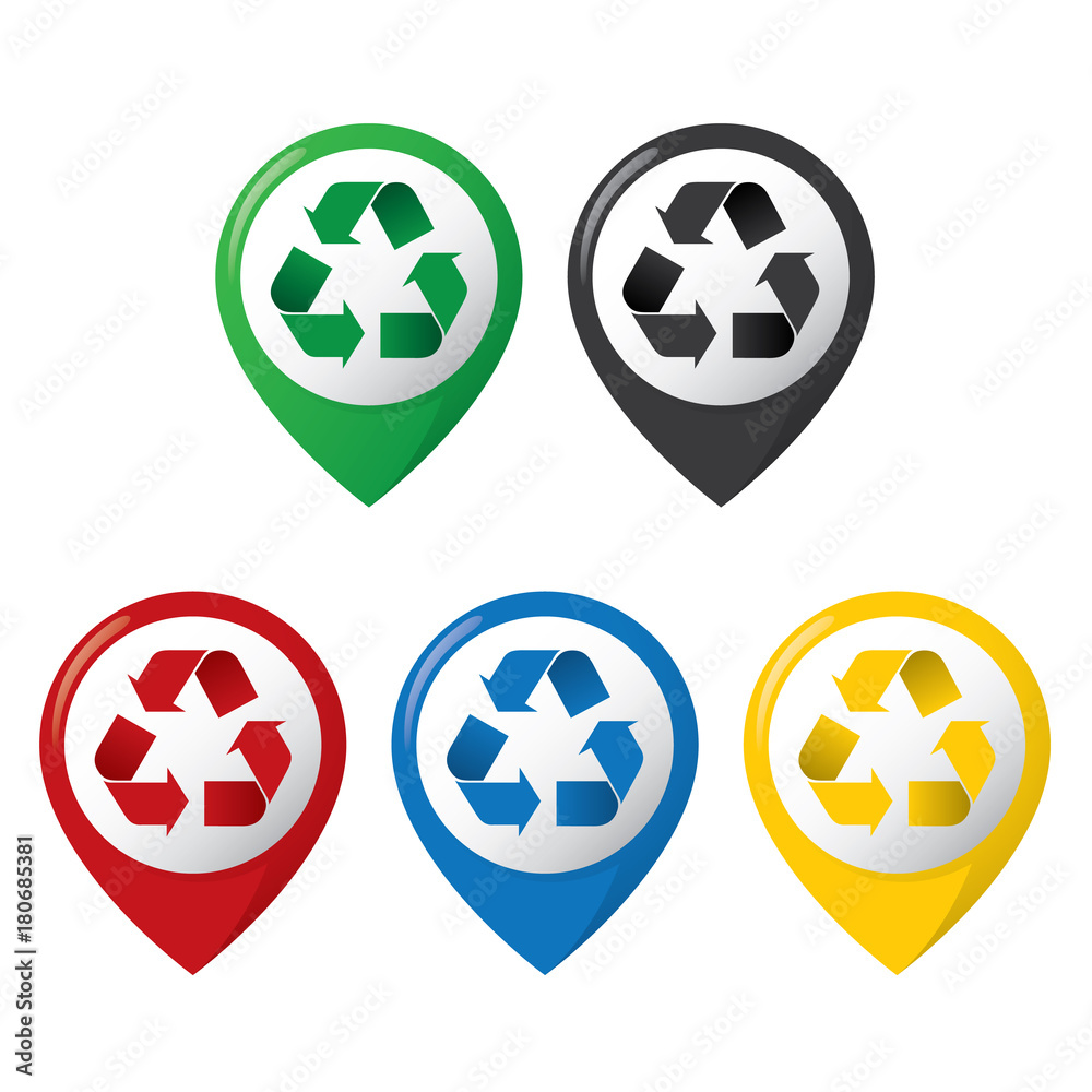 Icon representing recycling location, several. Ideal for catalogs, informative and recycling guides. Icon representing recycling location, several. Ideal for catalogs, informative and recycling guides.