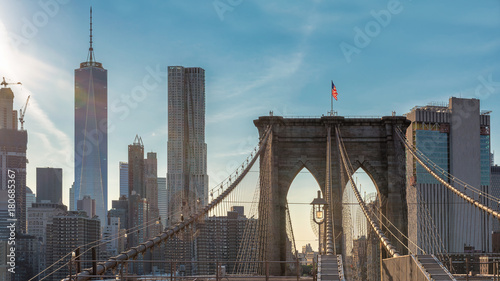 Manhattan skyline with Brooklyn Bridge in New York City, USA. 