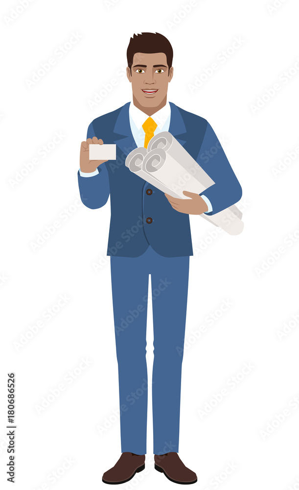 Businessman holding the project plans and showing business card Businessman holding the project plans and showing business card