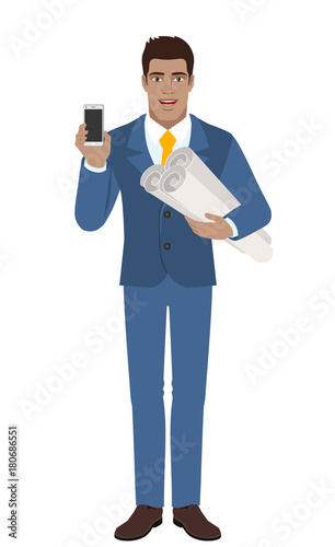 Businessman holding the project plans and showing mobile phone