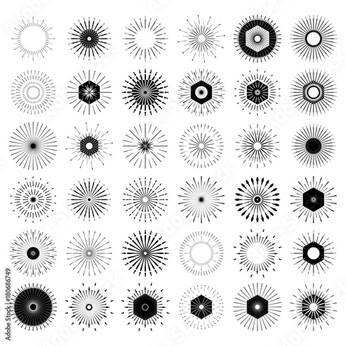 Big set of Retro Sun burst shapes. Vintage logo, labels, badges. Vector design elements isolated. Minimal black firework burst