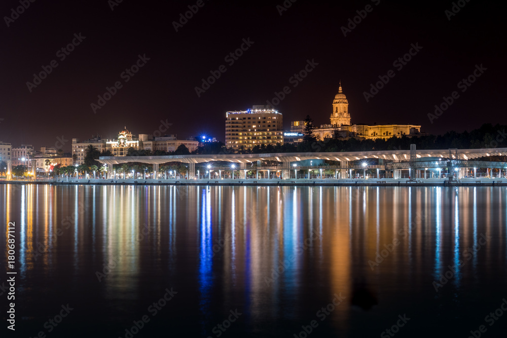 Night Cityscape In The Marina Bay Port Of Malaga