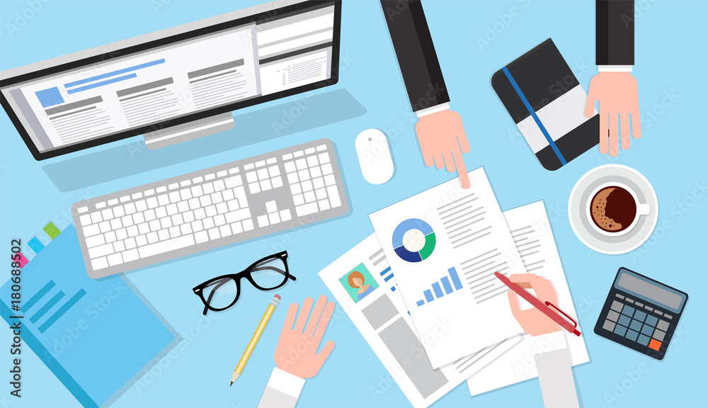 Business meeting top view scene with computer, documents, calculator, notepad, coffee cup, and hands of two persons discussing. Flat style vector illustration Business meeting top view scene with computer, documents, calculator, notepad, coffee cup, and hands of two persons discussing. Flat style vector illustration