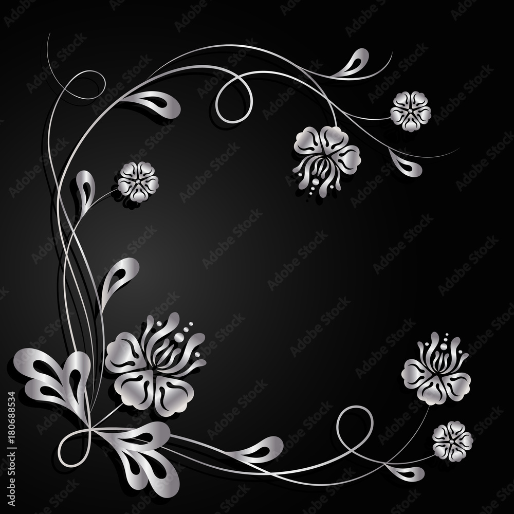 Silver flowers with shadow on dark background.