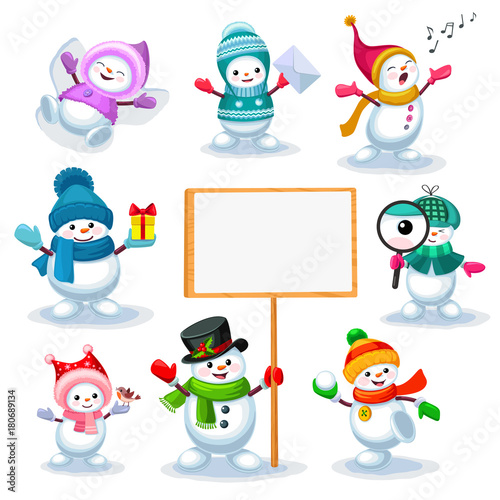 Set of cute snowmen in various poses isolated on white background