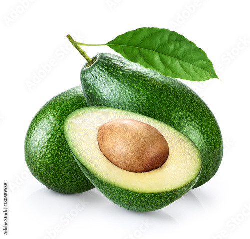 Avocado with leaf isolated on white background.