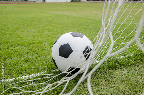 The football with the net on the green grass soccer field.