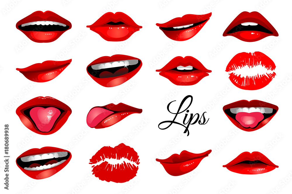 Red woman's lip icons set isolated on white background. Vector illustration for modern design Red woman's lip icons set isolated on white background. Vector illustration for modern design