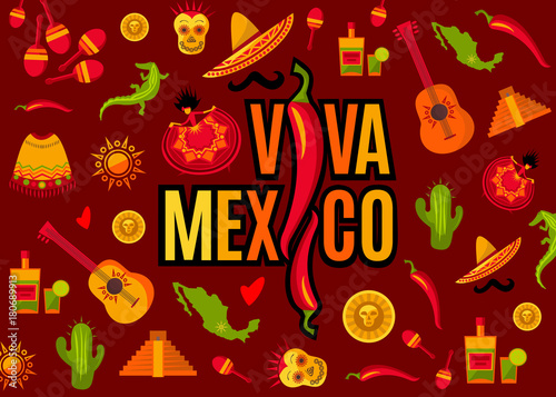 Viva Mexico lettering and icon set. Sun, Moai pyramid, tequila, cactus, guitar, peyote, sombrero, moustache, poncho, dancing girl, coin, bean, chili, crocodile, maracas, map. Vector illustration