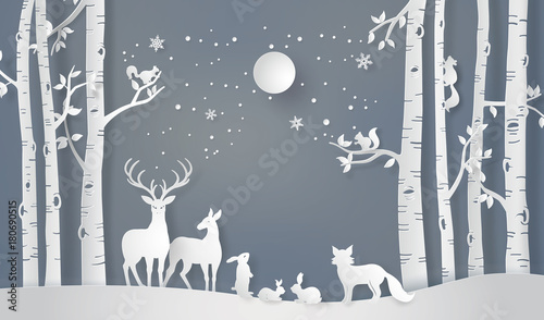 Forest Animals in Moonlit Paper Cut Scene