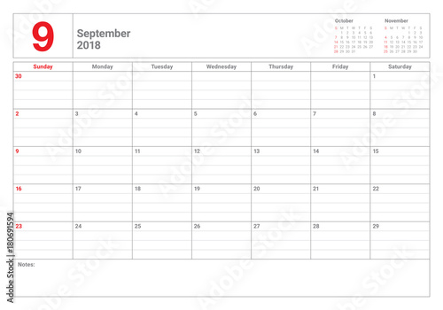 September 2018 planner calendar vector illustration