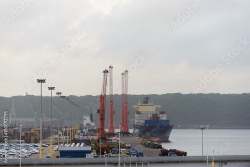 Container terminal with vessel moored