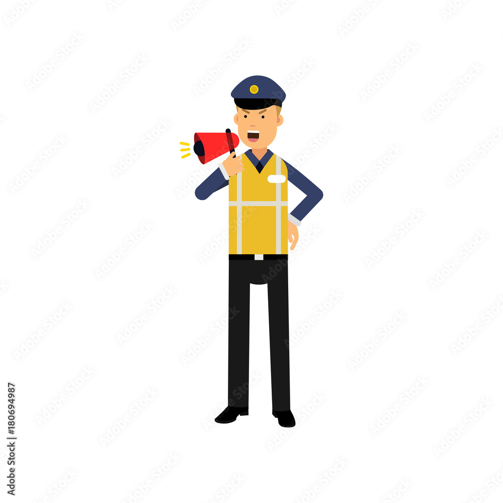Cartoon traffic police officer standing and screaming in megaphone isolated  on white Stock Vector | Adobe Stock