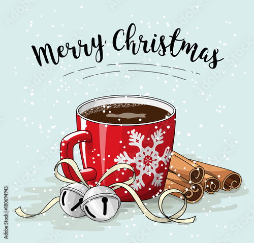 Red cup of coffee with cinnamon and jingle bells, christmas illustration