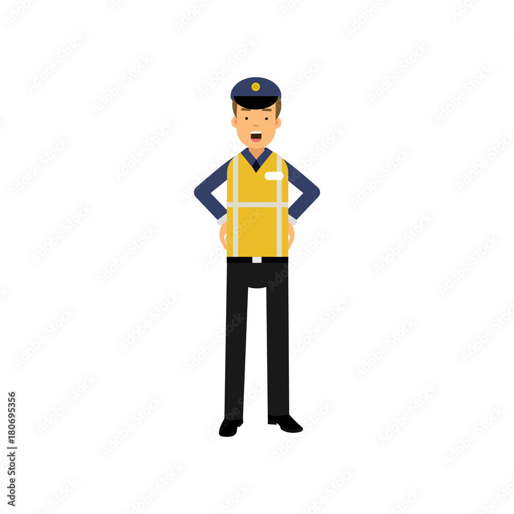 Cartoon officer of traffic police standing with arms akimbo in uniform with high visibility vest