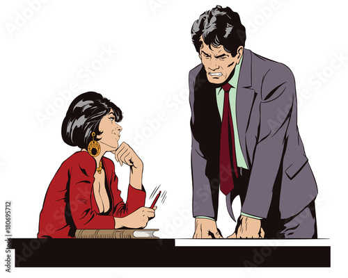 Woman is flirting with a guy at work. Stock illustration. People in retro style.