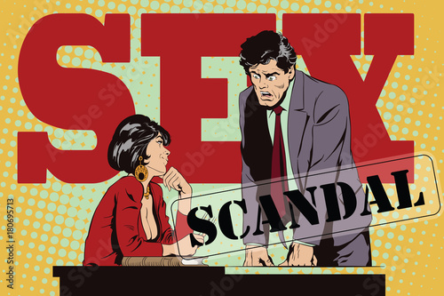 Woman is flirting with a guy at work. Stock illustration. People in retro style.