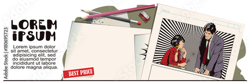 Woman is flirting with a guy at work. Stock illustration. People in retro style.