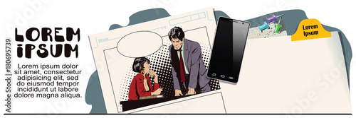 Woman is flirting with a guy at work. Stock illustration. People in retro style.