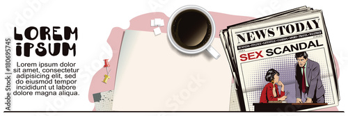 Woman is flirting with a guy at work. Stock illustration. People in retro style.