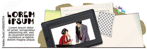Woman is flirting with a guy at work. Stock illustration. People in retro style.