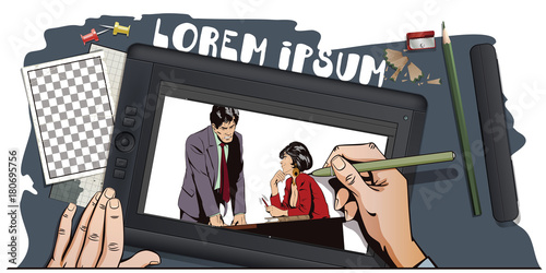 Woman is flirting with a guy at work. Stock illustration. People in retro style.