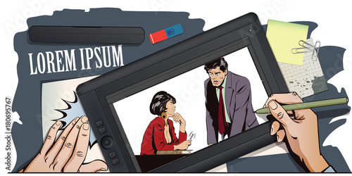 Woman is flirting with a guy at work. Stock illustration. People in retro style.