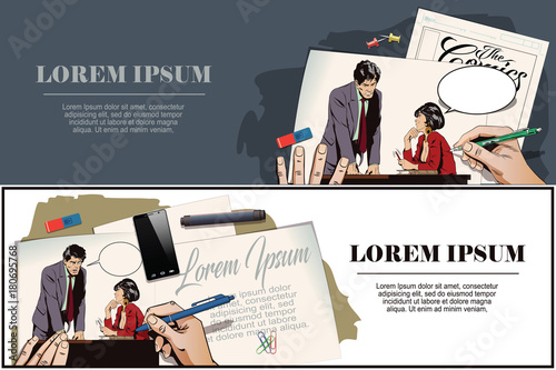 Woman is flirting with a guy at work. Stock illustration. People in retro style.