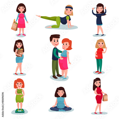 Pregnant women characters in different poses set. Happy mom expecting baby  touching belly  shopping  meditating  walking  doing exercise  waving hand.