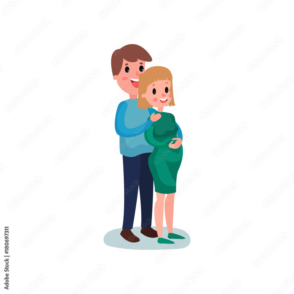 Young happy couple hugging, cheerful man touching belly of pregnant woman. Pregnant wife and her husband. Flat vector. Young happy couple hugging, cheerful man touching belly of pregnant woman. Pregnant wife and her husband. Flat vector.