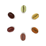 Realistic coffee beans of different colors placed in circle with