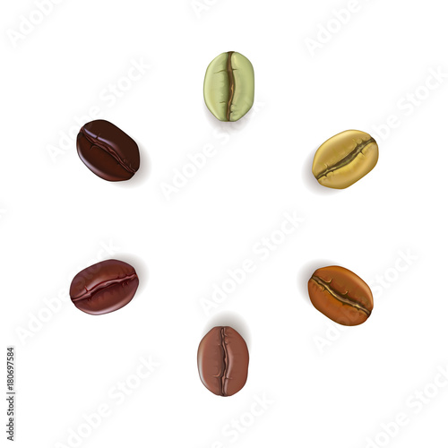 Realistic coffee beans of different colors placed in circle with