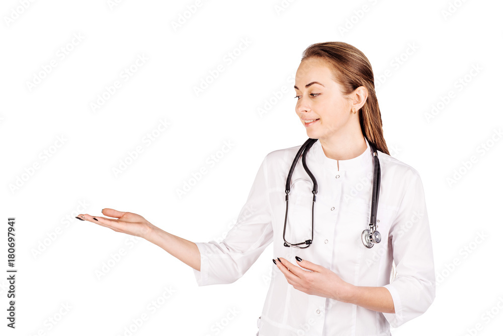 Female doctor with stethoscope show something and smile to you isolated on white background. Female doctor with stethoscope show something and smile to you isolated on white background.