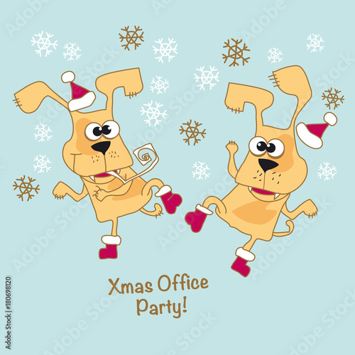Cool yellow dog mascot cartoon. Funny winter xmas dancing animal in Santa hat. Christmas and Chinese New year party Vector illustration.