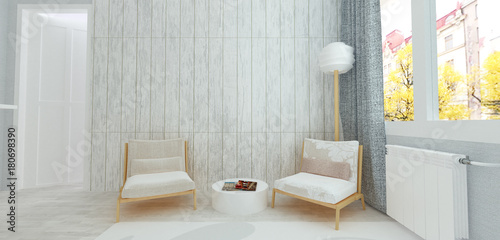 Two armchairs in white room with rustic wooden paneling on walls  modern Scandinavian style