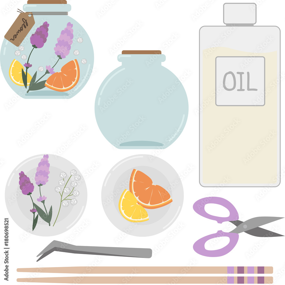 ハーバリウムのイラストセット 丸型瓶製作キット 紫 Stock Vector Adobe Stock