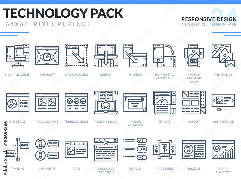Responsive Design Icons Set. Technology outline icons pack. Pixel perfect thin line vector icons for web design and website application.