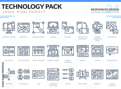Responsive Design Icons Set. Technology outline icons pack. Pixel perfect thin line vector icons for web design and website application.
