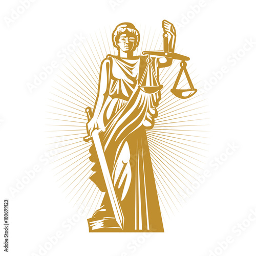 Gold silhouette the Greek goddess of justice with blindfold, scales and sword.