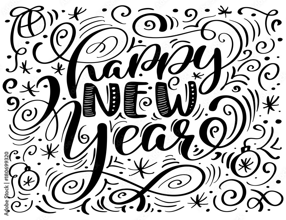 Happy New Year hand-lettering text. Handmade vector calligraphy Scandinavian style