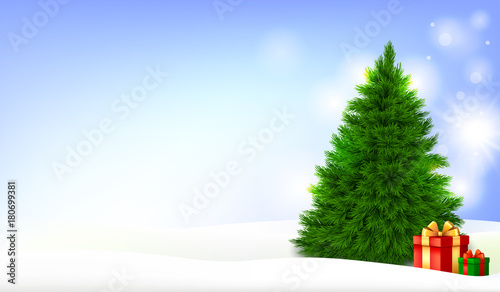 Undecorated Christmas tree with present boxes in a snow landscape