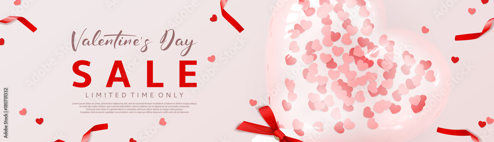 WPromo Banner for Happy Valentine's Day Sale. Beautiful Background with Realistic Transparent Pink Air Balloon with Confetti in the Form of Heart. Vector Illustration with Seasonal Offer.