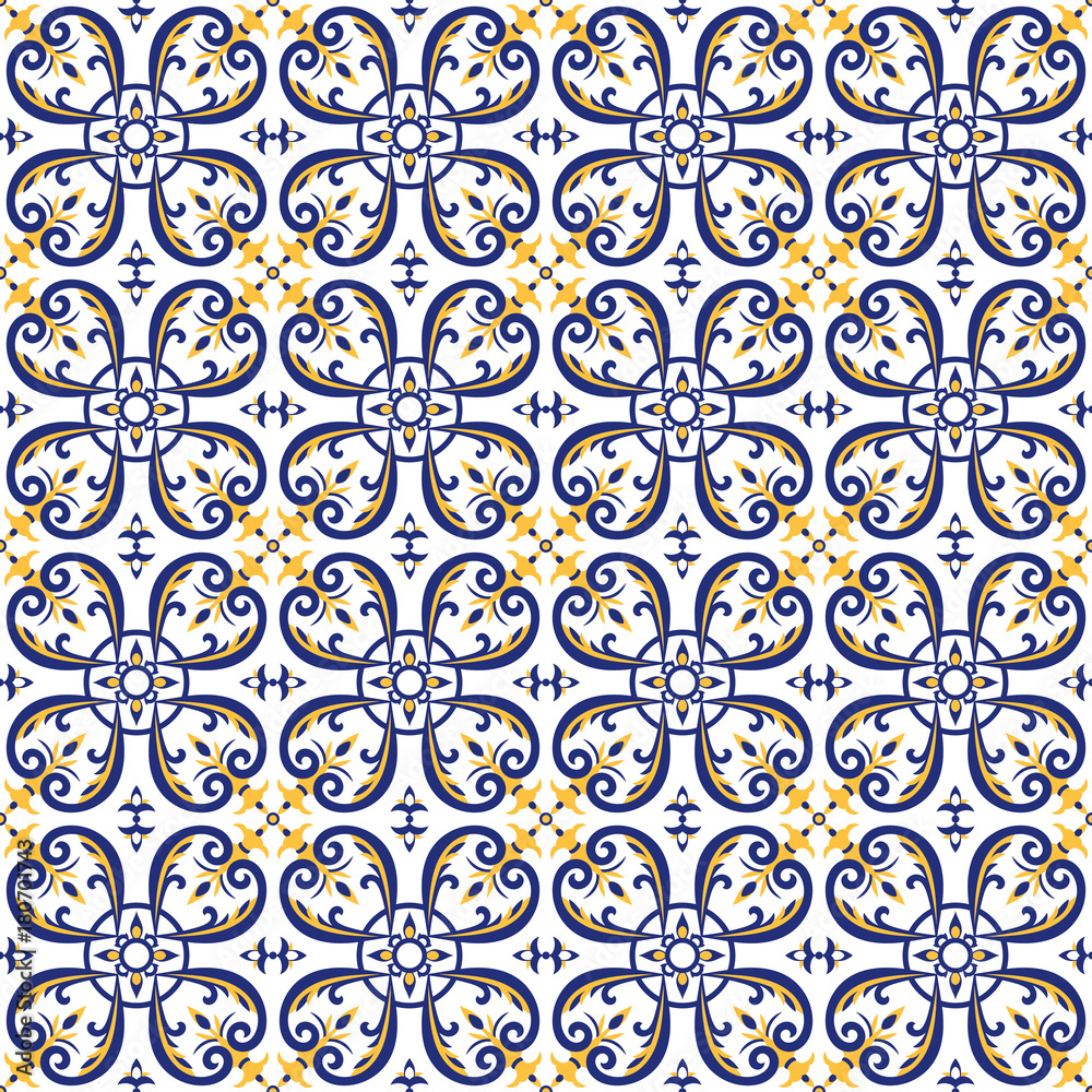 Mexican tiles pattern vector with blue, yellow and white ornaments.  Portuguese azulejos, talavera, italian majolica or spanish motifs. Flooring  print for ceramic wall or tablecloth fabric design. Stock Vector | Adobe  Stock
