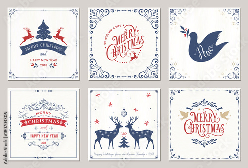 Ornate square winter holidays greeting cards with New Year tree, reindeers, Christmas ornaments, Peace Doves, swirl frames and typographic design. 